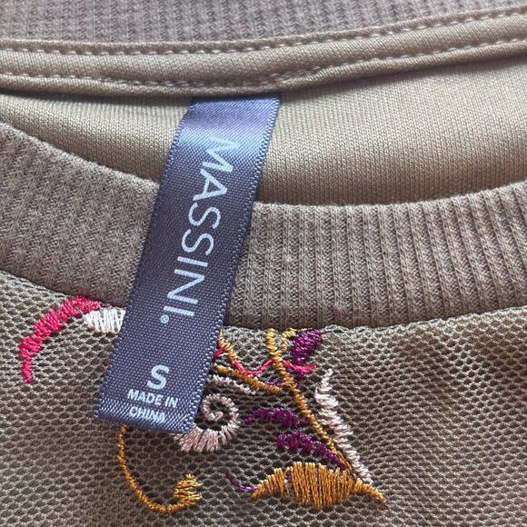 Massini Olive Green Mesh Women's Top Multicolor Floral Embroidery Layered Size S - Picture 8 of 10